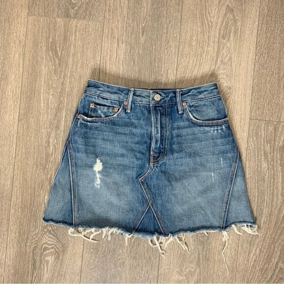 Revolve GRLFRND Eva Mini Denim Skirt A-Frame Gusset Distressed Medium Wash - Picture 4 of 13